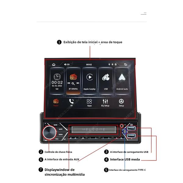 Imagem de MP5 Player Carro Universal 7" - Tela Retrátil Android Auto/CarPlay GPS