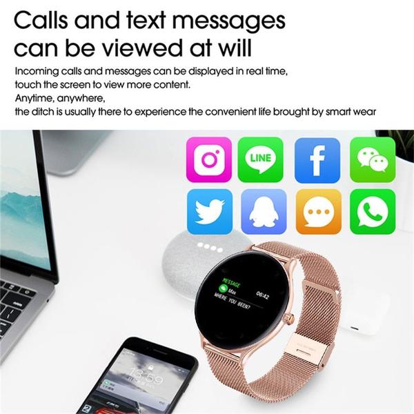 Imagem de Mulheres Smart Watch Mulher Moda Relógio Frequência cardíaca Monitoramento de sono para Android IOS Impermeável Senhoras SmartwatchSmart Watches (Cinto de Malha Ouro)