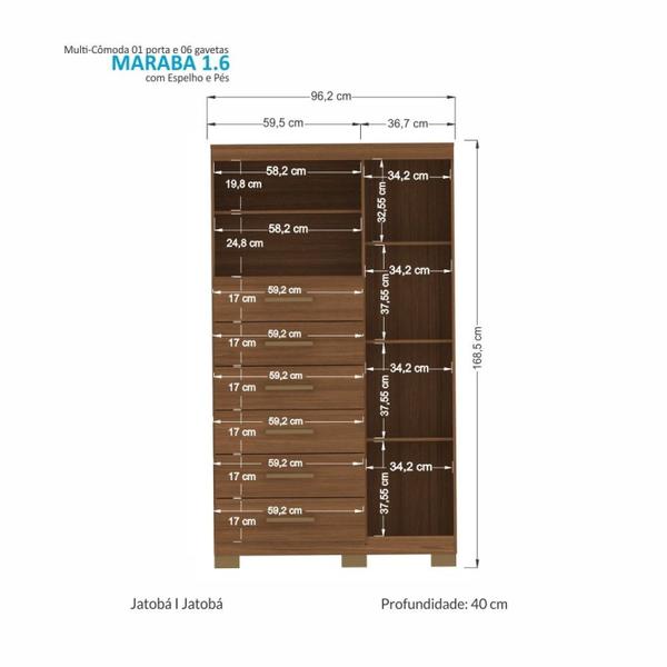 Imagem de Multi-cômoda 1 Porta 6 Gavetas Marabá com Espelho e Pés