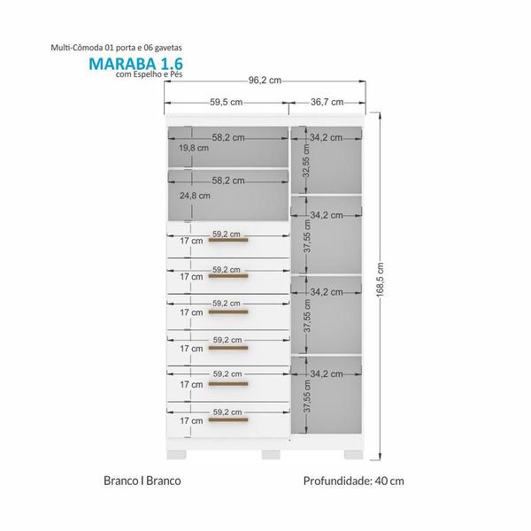 Imagem de Multi-Cômoda Marabá 1.6 1 Porta e 6 Gavetas com Pés e Espelho - Santos Andirá