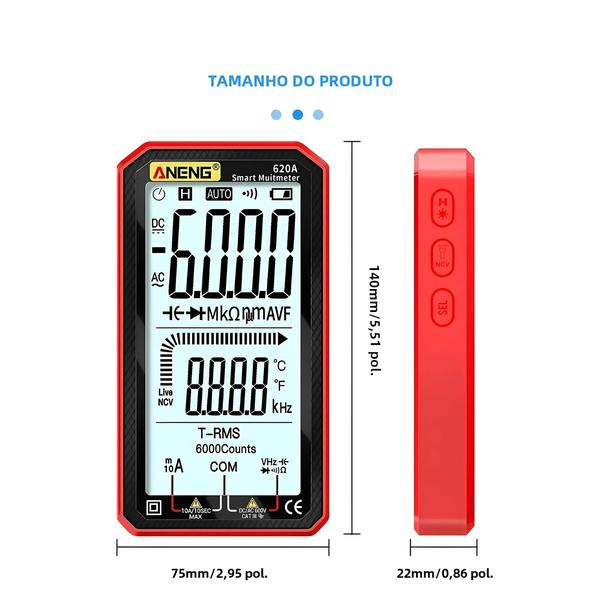 Imagem de Multímetro Digital Aneng 620A - 6000 Contagens, True RMS, Teste de Transistor e Capacitância