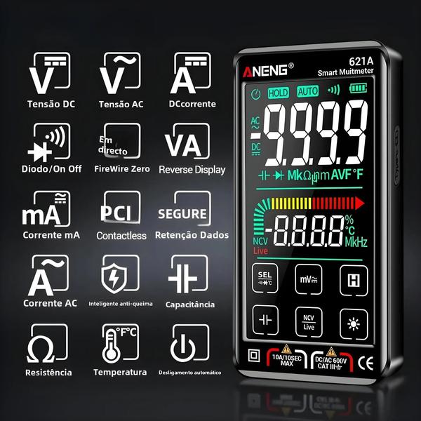 Imagem de Multímetro Digital ANENG 621A - Tela Touch, 9999 Contagens, True RMS, Auto Range