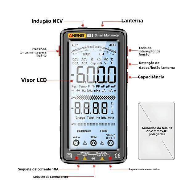 Imagem de Multímetro Digital Aneng 681 - Recarregável, Testador de Tensão AC/DC sem Contato com Tela LCD