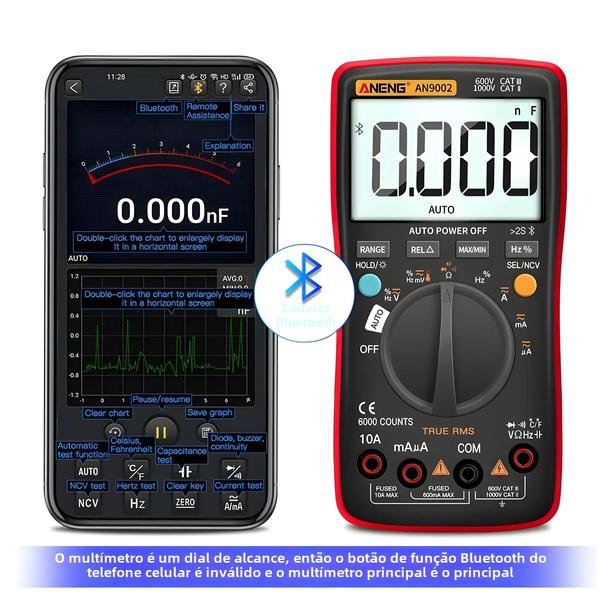 Imagem de Multímetro Digital ANENG AN9002 com Bluetooth - 6000 Contagens True RMS - Testador de Tensão AC/DC