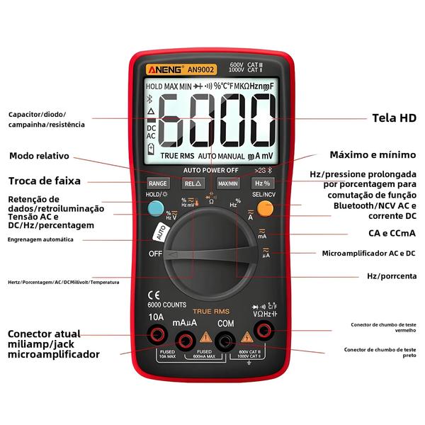 Imagem de Multímetro Digital ANENG AN9002 com Bluetooth - 6000 Contagens True RMS - Testador de Tensão AC/DC