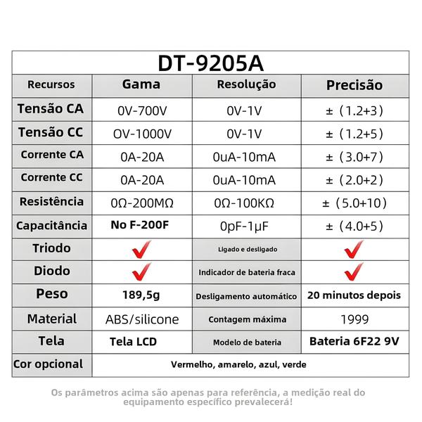 Imagem de Multímetro Digital ANENG DT9205A - Profissional, AC/DC, Transistor, NCV e Auto Range