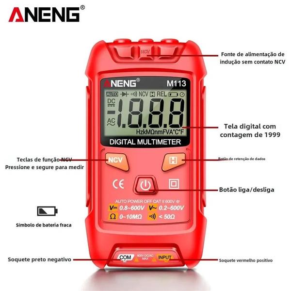 Imagem de Multímetro Digital Aneng M113 - 1999 Contagens, AC/DC, Tensão, Ohm e NCV