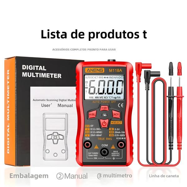 Imagem de Multímetro Digital Aneng M118A - 6000 Contagens, True RMS, Testador de Transistor com Lanterna