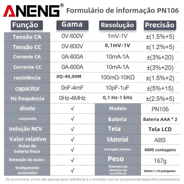 Imagem de Multímetro Digital Aneng PN106 - 600A AC/DC, Alta Precisão, para Eletricistas