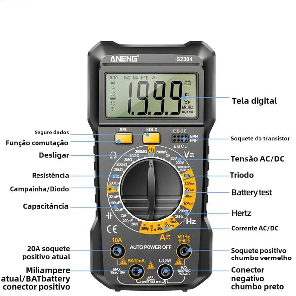 Imagem de Multímetro Digital Aneng SZ304 - Alta Precisão, RMS Verdadeiro, Portátil, AC/DC