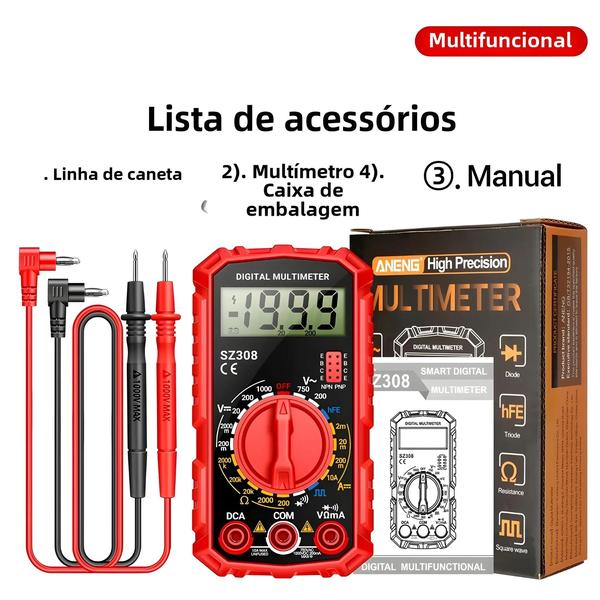 Imagem de Multímetro Digital ANENG SZ308 - Testador AC/DC, Tensão, Resistência e Ohm com LCD e Backlight