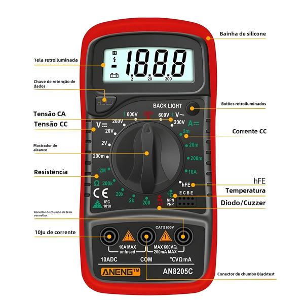 Imagem de Multímetro Digital Portátil Aneng AN8205C - AC/DC, Volt/Ohm/Amperímetro, Termopar e LCD com Backlight