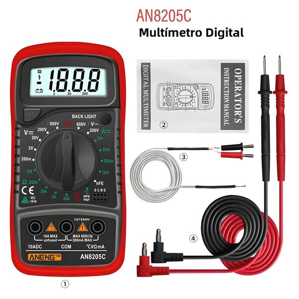 Imagem de Multímetro Digital Portátil Aneng AN8205C - AC/DC, Volt/Ohm/Amperímetro, Termopar e LCD com Backlight