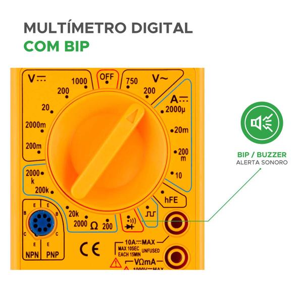 Imagem de Multímetro Digital Pro C/ Cabo Teste Portátil + Bateria e Bip