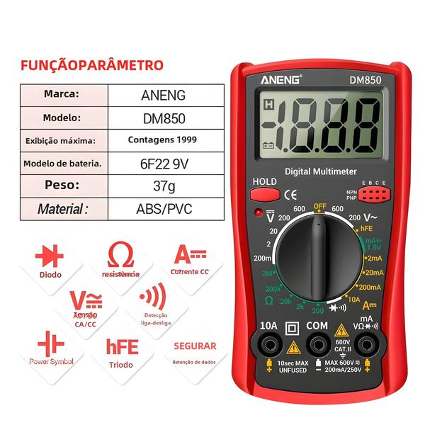 Imagem de Multímetro Digital Profissional Aneng DM850 - 1999 Contagens, Auto-Range, AC/DC, Tensão e Ohm