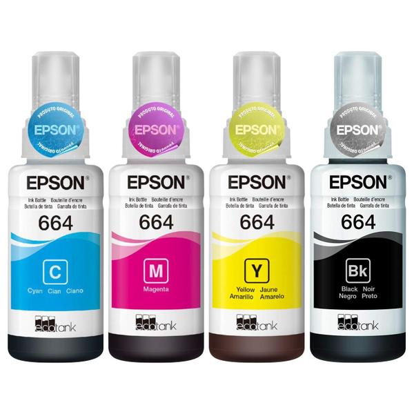 Imagem de Multipack Kit Refil Tinta Original Epson Ecotank T664 Compatível L121 L200 L355 L365 L375 L395 L396 L495 L555 L1300