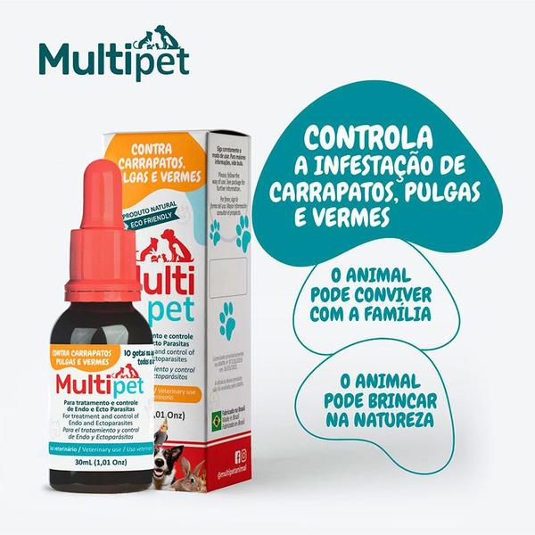 Imagem de Multipet Medicamento Natural contra carrapatos, pulgas e vermes 30ml + 01 Bebedouro 200ml