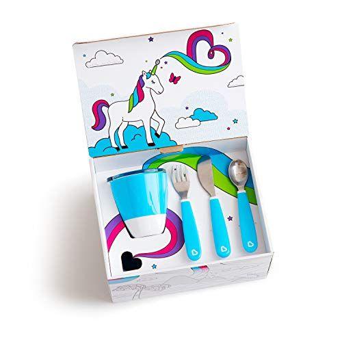 Imagem de Munchkin Color Me Hungry Splash 7pc Toddler Dining Set  Placa, Tigela, Copa e Utensílios em uma caixa de presente, azul