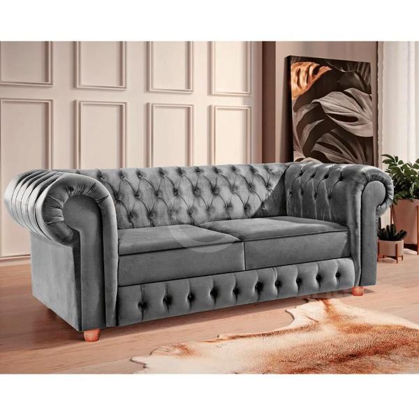 Imagem de Namoradeira Chesterfield Bourbon 3 Lugares Via Encanto Veludo Cinza Claro