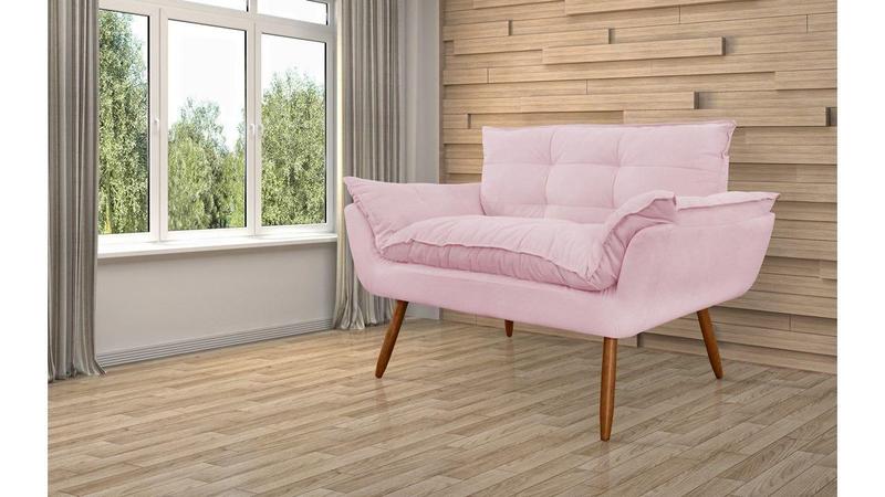 Imagem de Namoradeira Decorativa Opala Suede Rosa Bebê 2 Lugares Pés Madeira Ms Decor