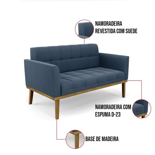 Imagem de Namoradeira e 2 Poltronas Base de Madeira Castanho Elisa Suede Azul Marinho D03 - D'Rossi