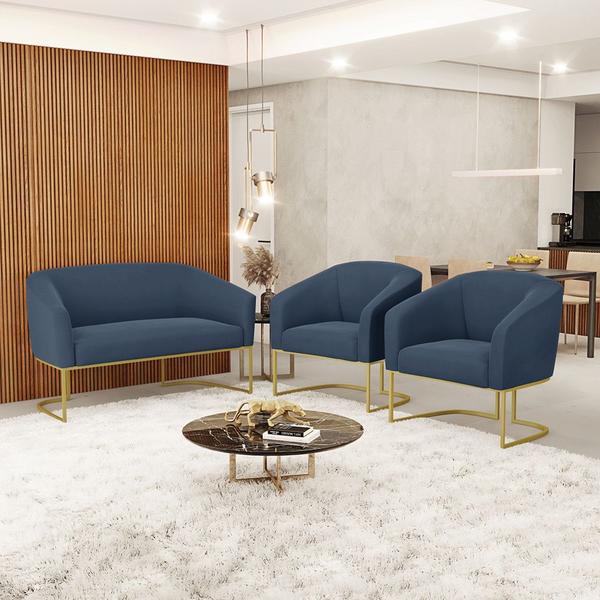 Imagem de Namoradeira e 2 Poltronas Base Industrial Dourado Stella Suede Azul Marinho D03 - D'Rossi