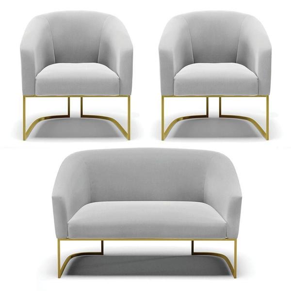 Imagem de Namoradeira E 2 Poltronas Base Industrial Dourado Stella Suede Cinza D03 - D'rossi