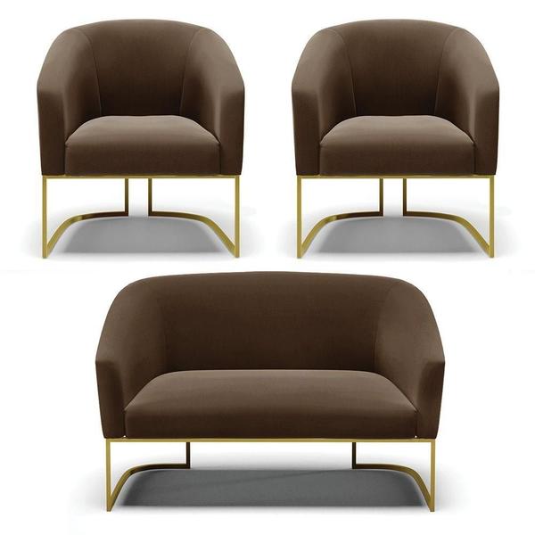 Imagem de Namoradeira E 2 Poltronas Base Industrial Dourado Stella Suede D03 - D'rossi Cor Marrom