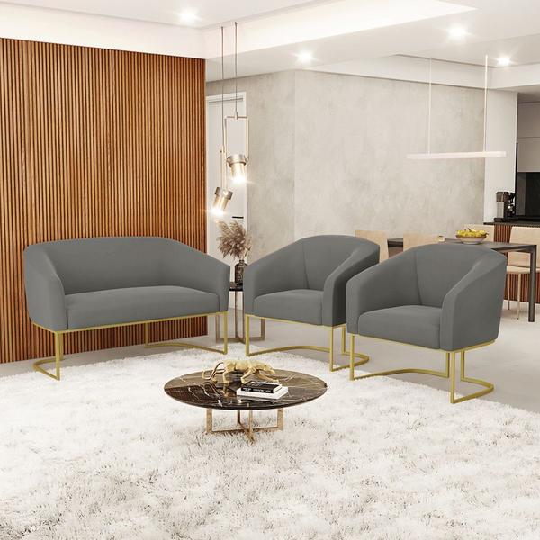 Imagem de Namoradeira e 2 Poltronas Base Industrial Dourado Stella Suede Grafite D03 - D'Rossi