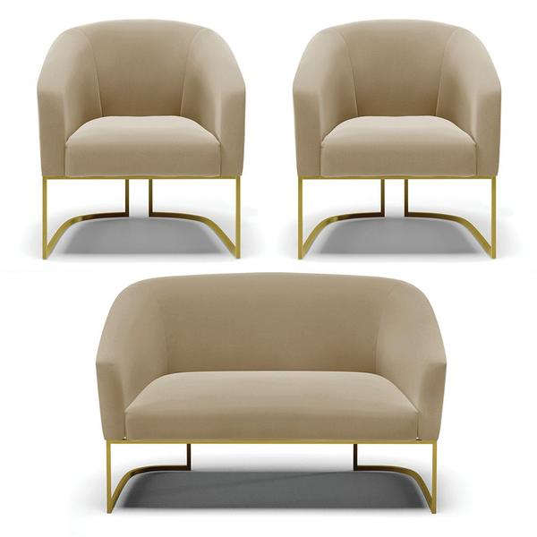 Imagem de Namoradeira e 2 Poltronas Base Industrial Dourado Stella Suede Marrom Rato D03 - D'Rossi