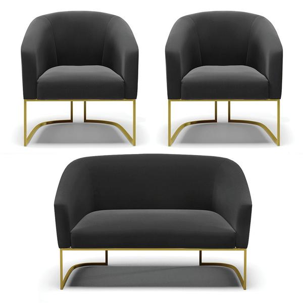 Imagem de Namoradeira e 2 Poltronas Base Industrial Dourado Stella Suede Preto D03 - D'Rossi