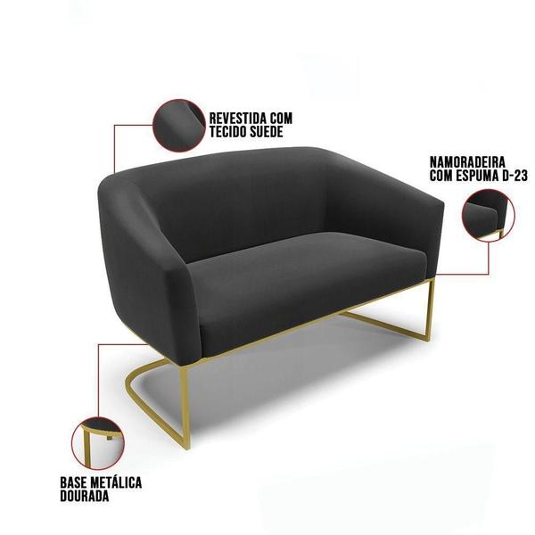 Imagem de Namoradeira E 2 Poltronas Base Industrial Dourado Stella Suede Preto D03 - D'rossi