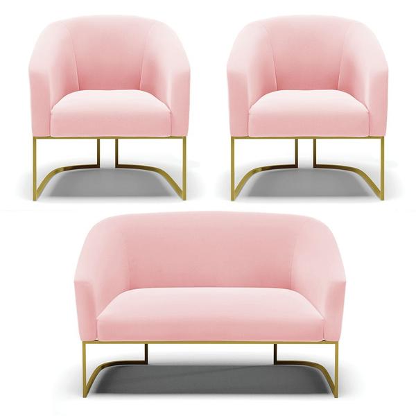 Imagem de Namoradeira e 2 Poltronas Base Industrial Dourado Stella Suede Rosa Bebê D03 - D'Rossi