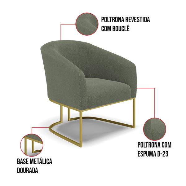 Imagem de Namoradeira e 2 Poltronas Industrial Dourado Stella Bouclê Verde Pistache D03 - D'Rossi