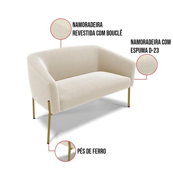 Imagem de Namoradeira e 2 Poltronas Pé Ferro Dourado Stella Bouclê Bege D03 - D'Rossi