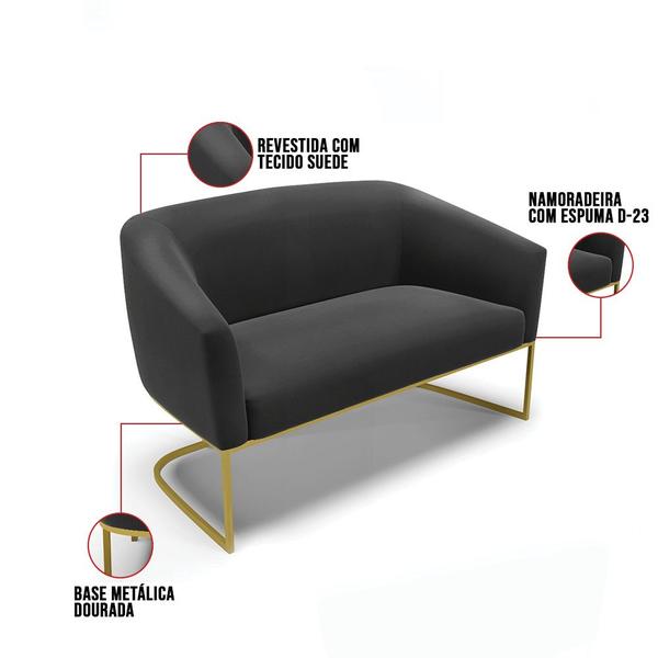 Imagem de Namoradeira e Poltrona Base Industrial Dourado Stella Suede Preto D03 - D'Rossi