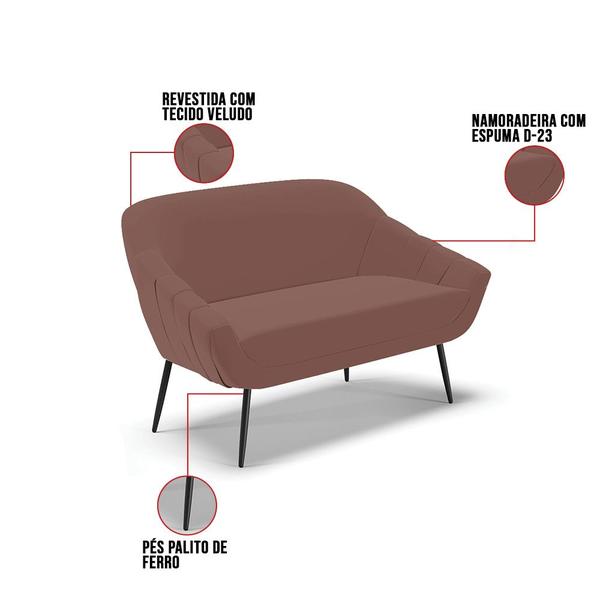 Imagem de Namoradeira Giovana 02 Lugares Veludo Pés Palito de Ferro - D'Rossi