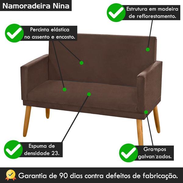 Imagem de Namoradeira Nina Pés Madeira Pinus Suede Marrom Claro