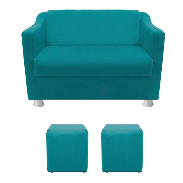 Imagem de Namoradeira Sofá Tila e 2 Puff Sala Suede Azul Turquesa