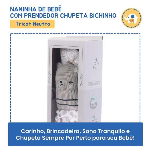 Imagem de Naninha De Bebê C/ Prendedor Chupeta Bichinho Tricot Neutro