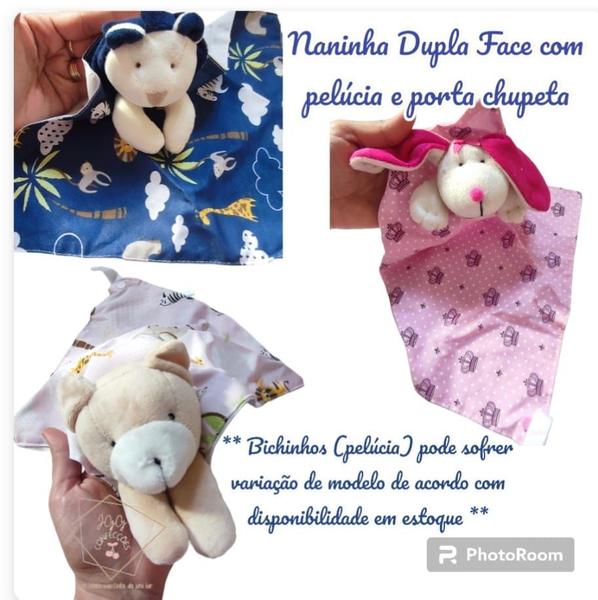 Imagem de Naninha Dupla Face com Pelúcia Bichinhos e Porta Chupeta Diversas Estampas.