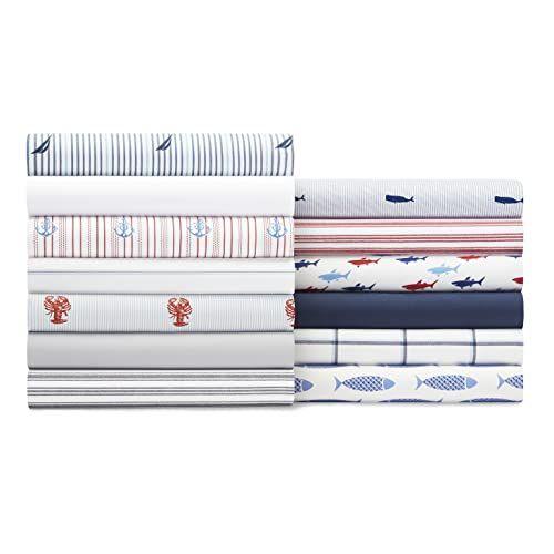 Imagem de Nautica - Coleção Percale - Conjunto de Folhas de Cama - 100% Algodão, Crisp & Cool, Roupa de Cama Leve & Umidade-Wicking, Rainha, Capitães Azuis