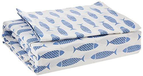 Imagem de Nautica - Coleção Percale - Conjunto de Folhas de Cama - 100% Algodão, Crisp & Cool, Roupa de Cama Leve & Umidade-Wicking, Twin, Woodblock Fish