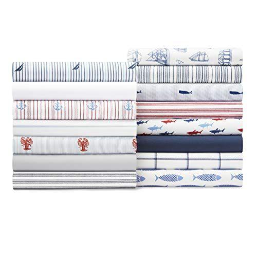 Imagem de Nautica - Coleção Percale - Conjunto de Folhas de Cama - 100% Algodão, Crisp & Cool, Roupa de Cama Leve & Umidade-Wicking, Twin XL, Beaux Stripe