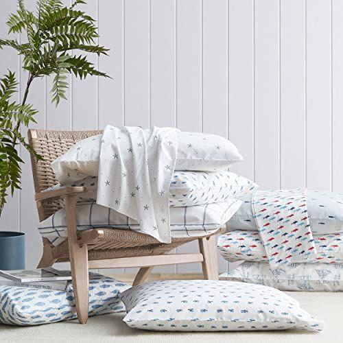 Imagem de Nautica - Conjunto de Folhas Completas, Conjunto de Cama Percale de Algodão, Crisp & Cool, Leve & Respirável (Costazul Azul/Vermelho, Completo)