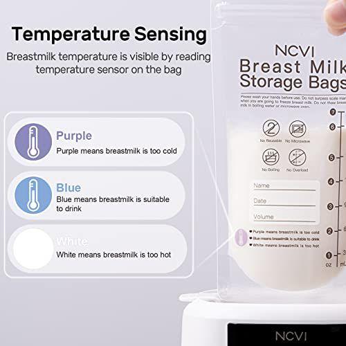 Imagem de NCVI Sacos de armazenamento de leite materno,180 contagem de sacos de armazenamento de leite para amamentação,7oz Breast Milk Freezer armazenando sacos com Temp-Sensing,Pré-esterilizado,Self Standing,Easy Pour Bico,Leak Proof,BPA Free