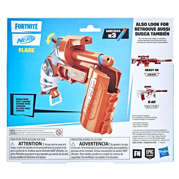 Imagem de NERF Fortnite Flare Dart Blaster, carregamento de dardo break-open, inclui 3 mega dardos que assobiam através do ar, alça de priming pull-down