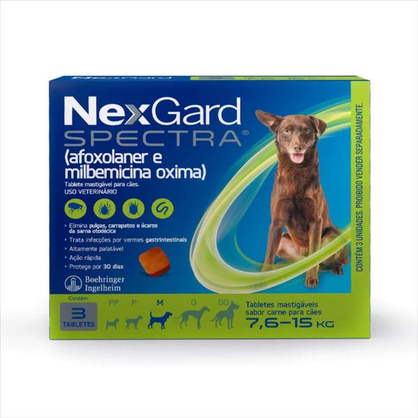 Imagem de NexGard Spectra Antipulgas, anticarrapatos e Vermífugo Cães 7,6kg a 15kg com 3 tablete