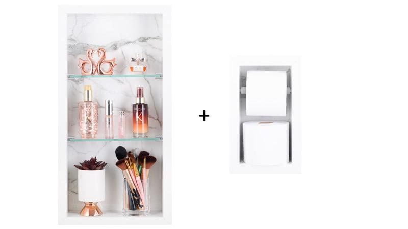 Nicho Em Porcelanato Com Prateleira De Vidro Para Banheiro E Porta Papel Higiênico - Carrara - Kit - In Company Home Imagem de Nicho Em Porcelanato Com Prateleira De Vidro Para Banheiro E Porta Papel Higiênico - Carrara - Kit