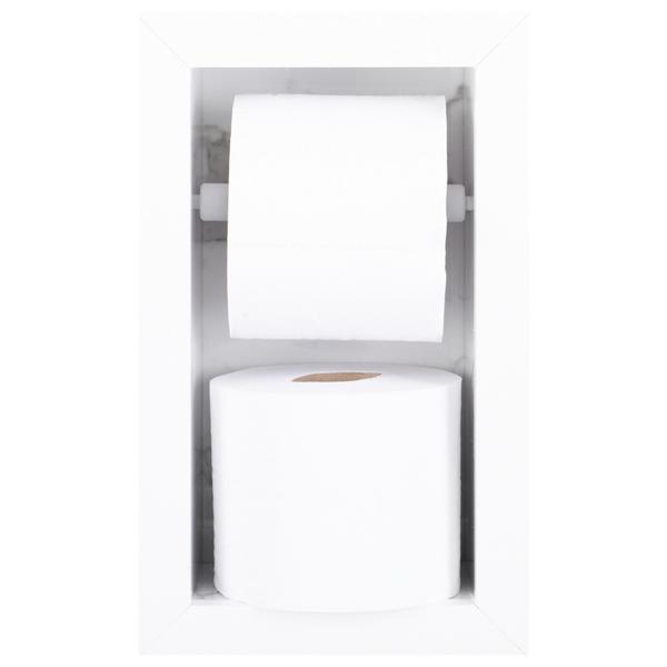 Nicho Em Porcelanato Com Prateleira De Vidro Para Banheiro E Porta Papel Higiênico - Carrara - Kit - In Company Home Imagem de Nicho Em Porcelanato Com Prateleira De Vidro Para Banheiro E Porta Papel Higiênico - Carrara - Kit